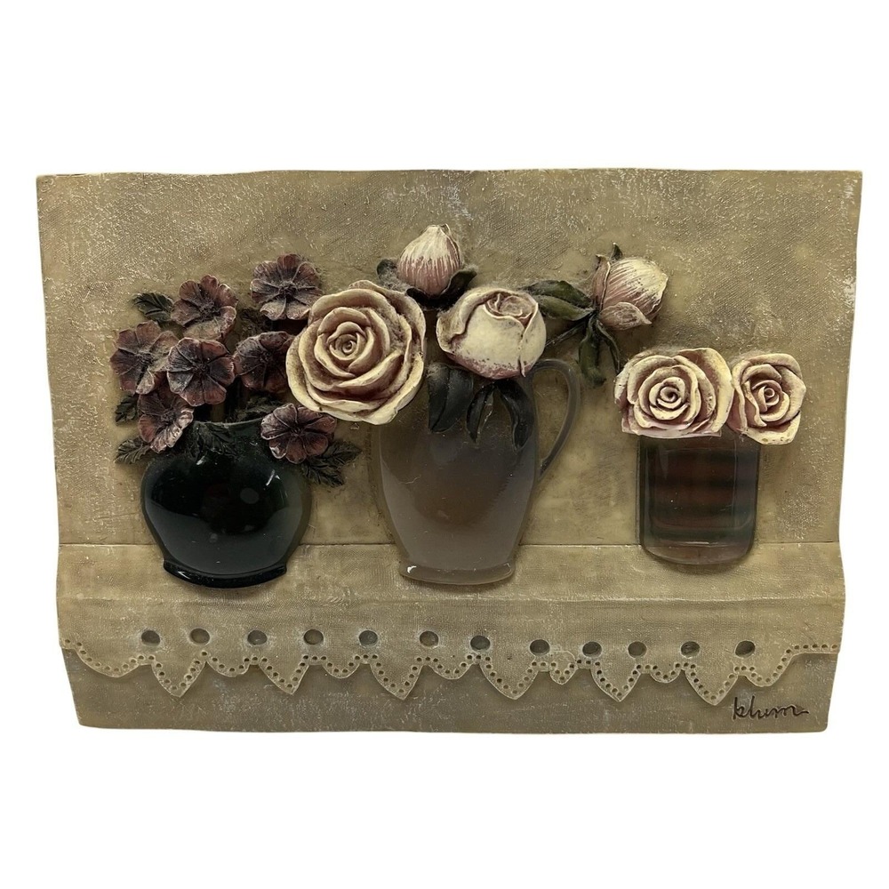 Vintage Cheri Blum 3D Rose Floral Vase Wall Art Plaque 6.25"x4.5"